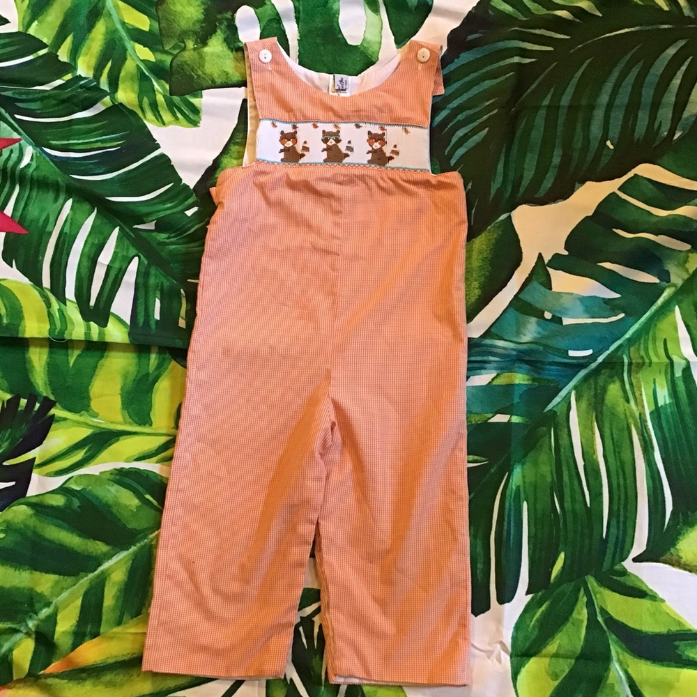 Raccoon hand smocked boys fall longall overalls 3